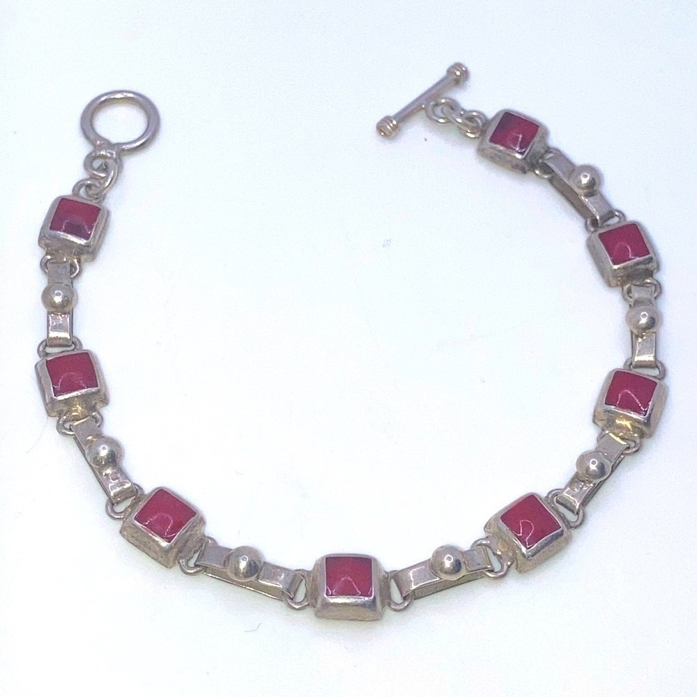 STERLING Silver Jasper Stone Panel Link Toggle Clasp Bracelet 7.5” - Vintage - Picture 3 of 8